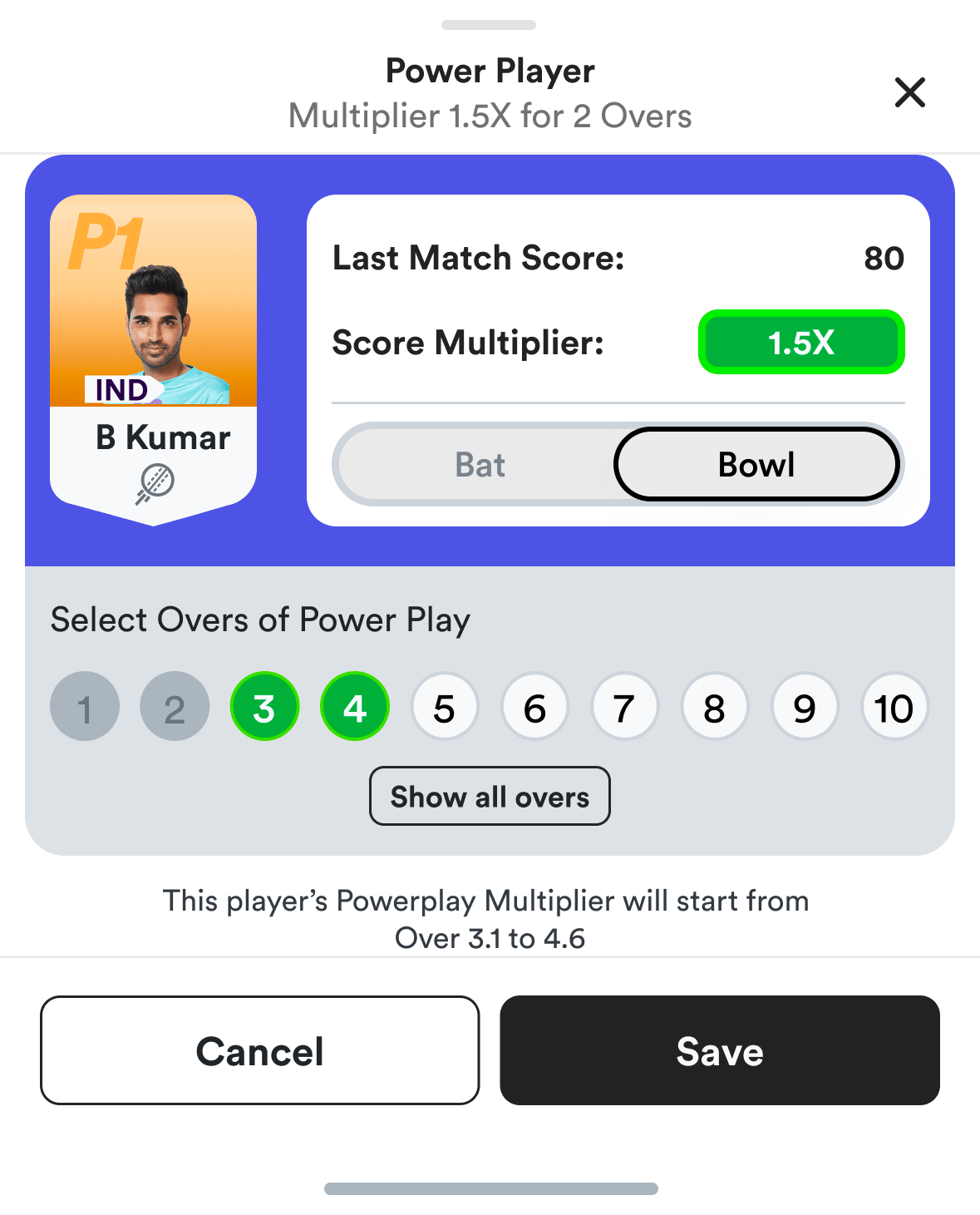 Select Overs for PowerPlayers